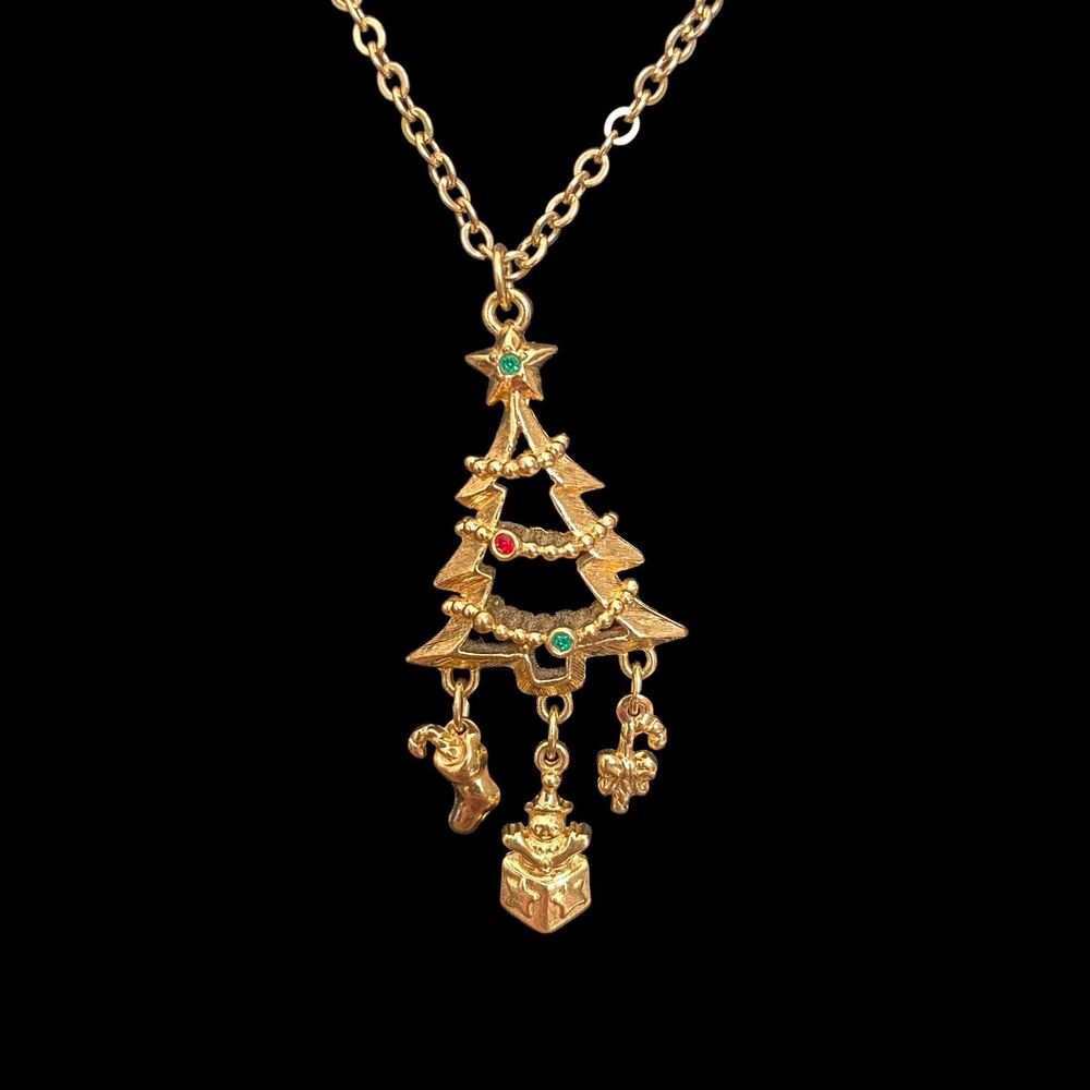 Avon Necklace Festive Holidays Pendant Rhinestones Goldtone 32" Christmas Tree